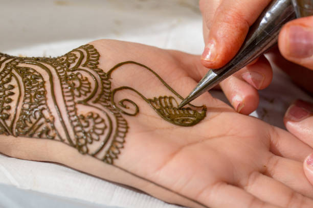 Drawing Henna Art On Indian Bride