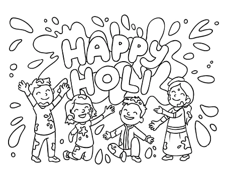 Playing Holi coloring printable page for kids