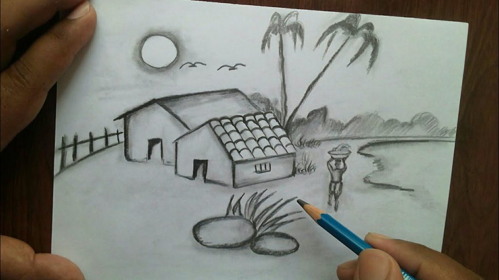 simple landscape drawing ❤ nature scenery drawing 💕 bridge on the lan... |  TikTok